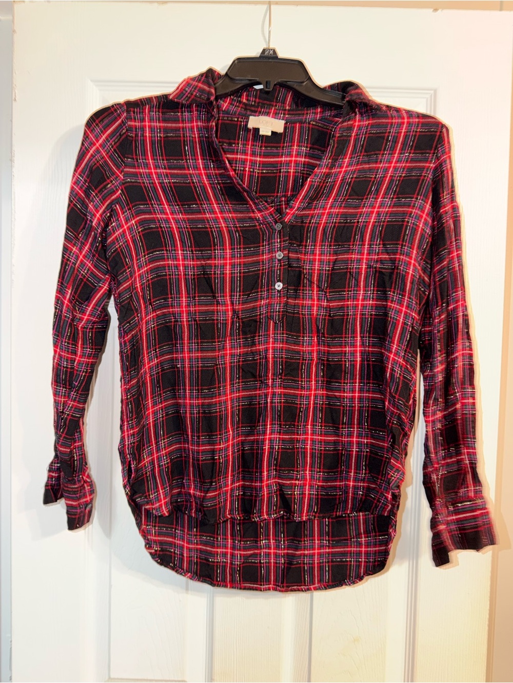 LOFT Outlet Red Plaid Metallic Gold Shimmer Popover Blouse XS